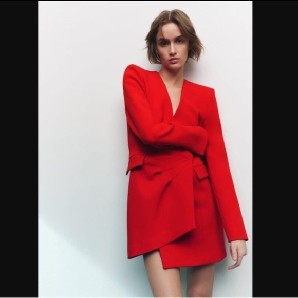 Zara Draped Blazer Red Dress. Size Small in Green color. - Picture 4 of 8